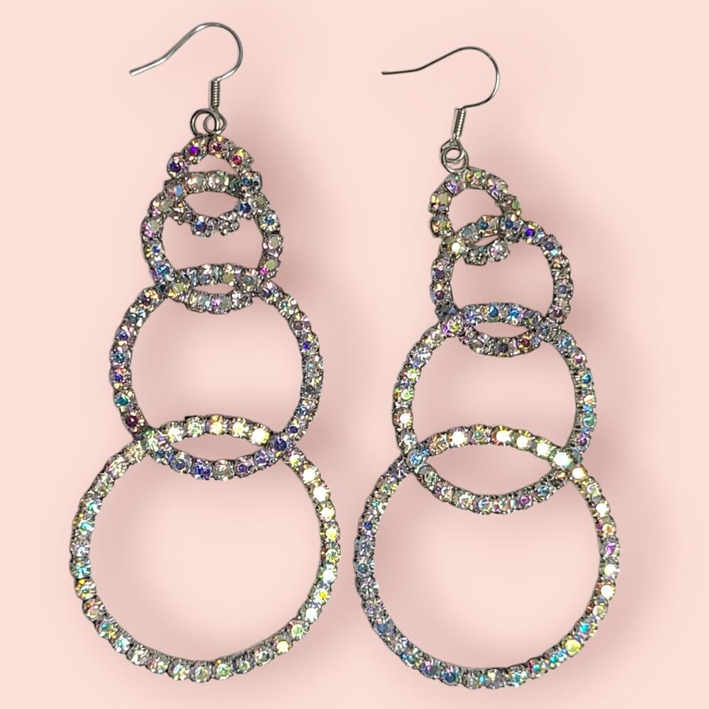 Silver Tone Aurora Borealis Rhinestone Big Rings Dangle Chandelier Earrings 4"